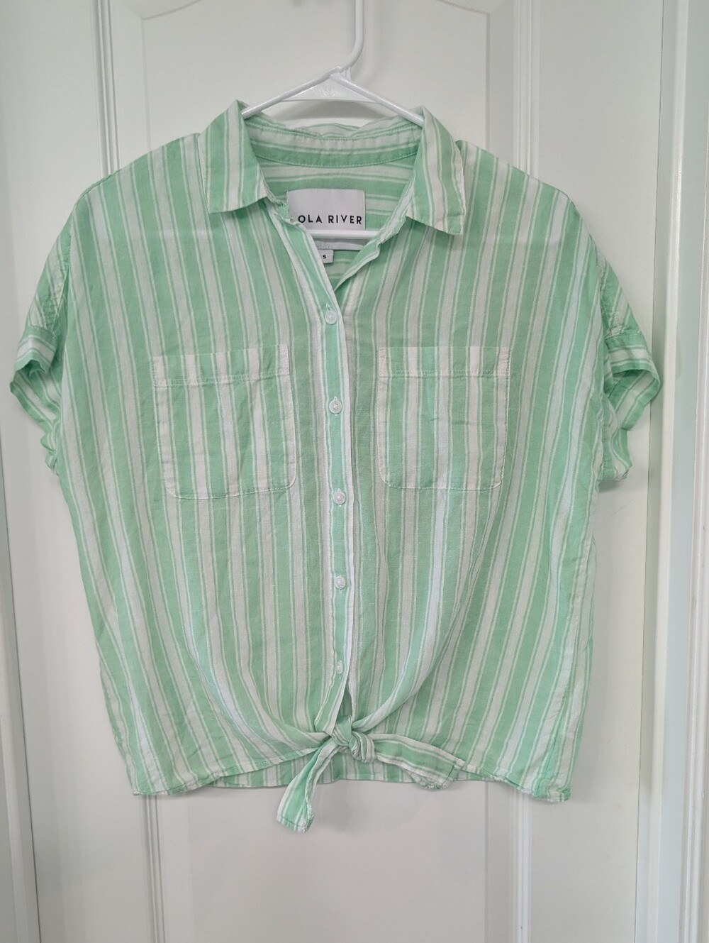 Lola River Mint Green Striped Tie-Front Button-Up Top